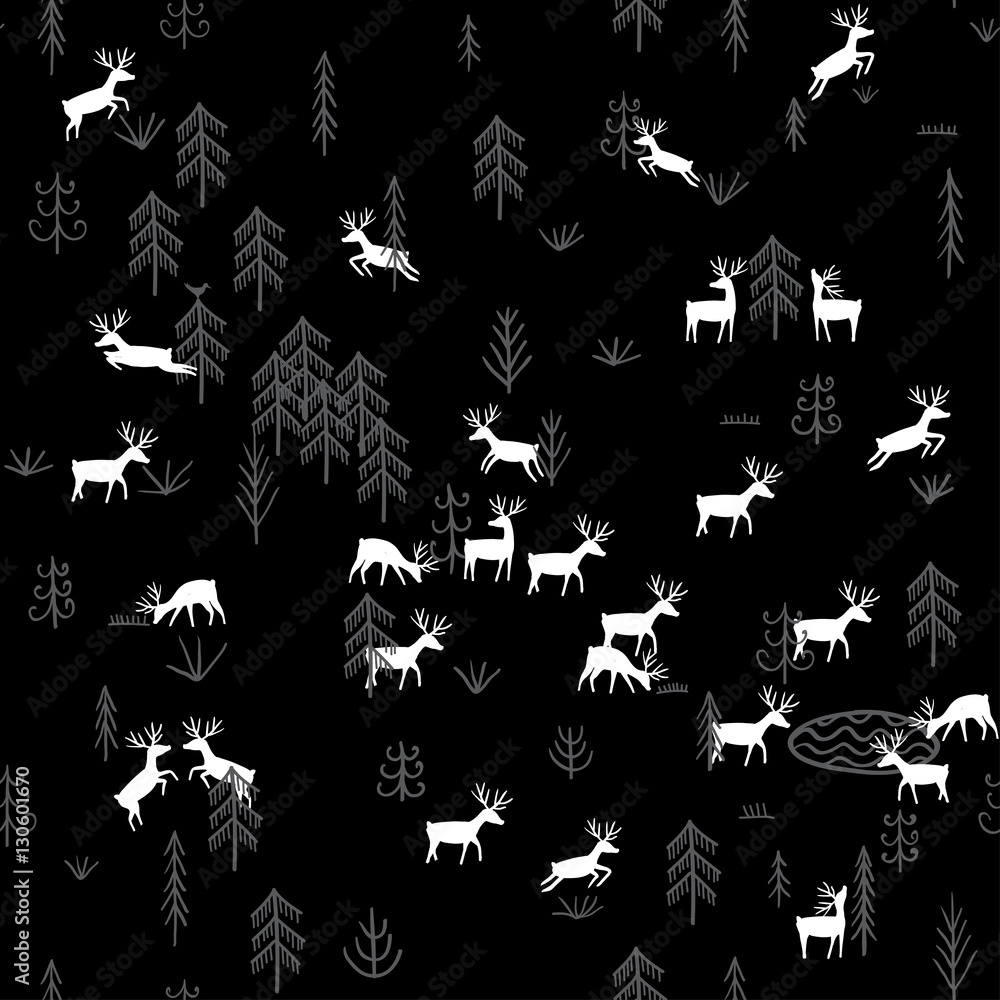 Vector seamless pattern with wild forest life and deers at night