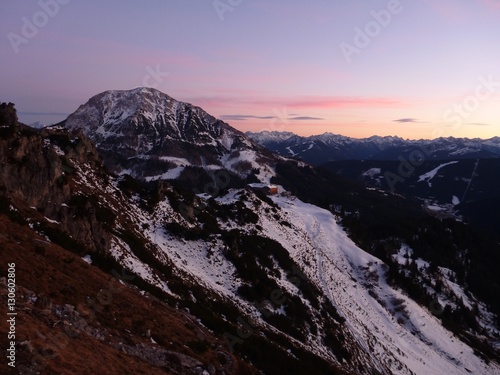 romantic sunset at salzkammergut mountains