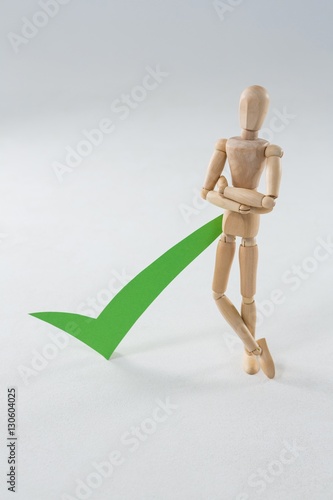 Wooden figurine with green check mark