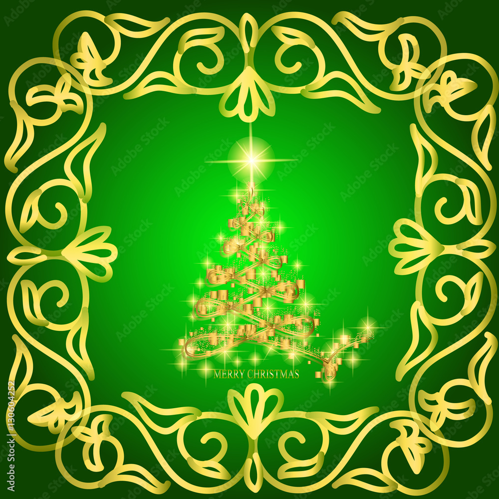 Abstract waves background with christmas tree. Illustration in green and gold colors. Abstract waves background with christmas tree. Illustration in green and gold colors.