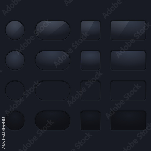 Black plastic interface buttons. Blank app elements on dark background