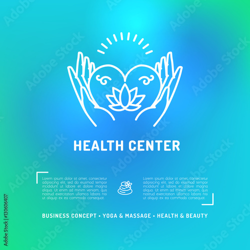 Vector Medical Center Health Card. Business concept for beauty salon, spa massage studio. Trendy hand symbol with heart and lotus, Natural medicine line icon. Modern vector blurred background