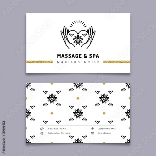 Vector massage and spa therapy business card template. Trendy linear icon hands holding heart. Beauty, relax and natural medicine thin line symbols. Business card spa studio. Vector illustration