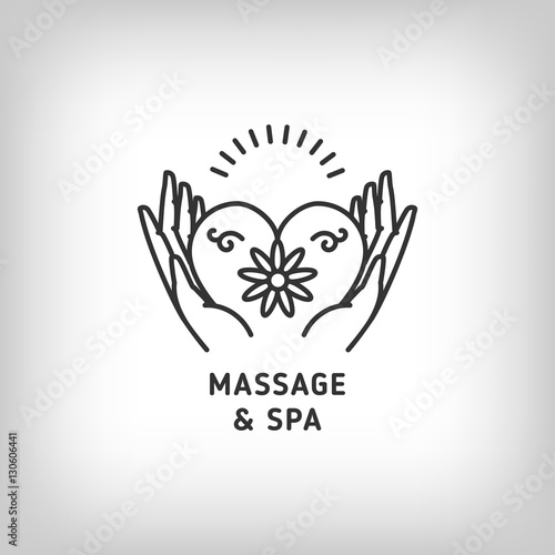 Vector massage and spa therapy logo template. Trendy linear icon hands holding heart. Beauty, relax and natural medicine thin line symbols. Trendy minimal outline design, Vector illustration