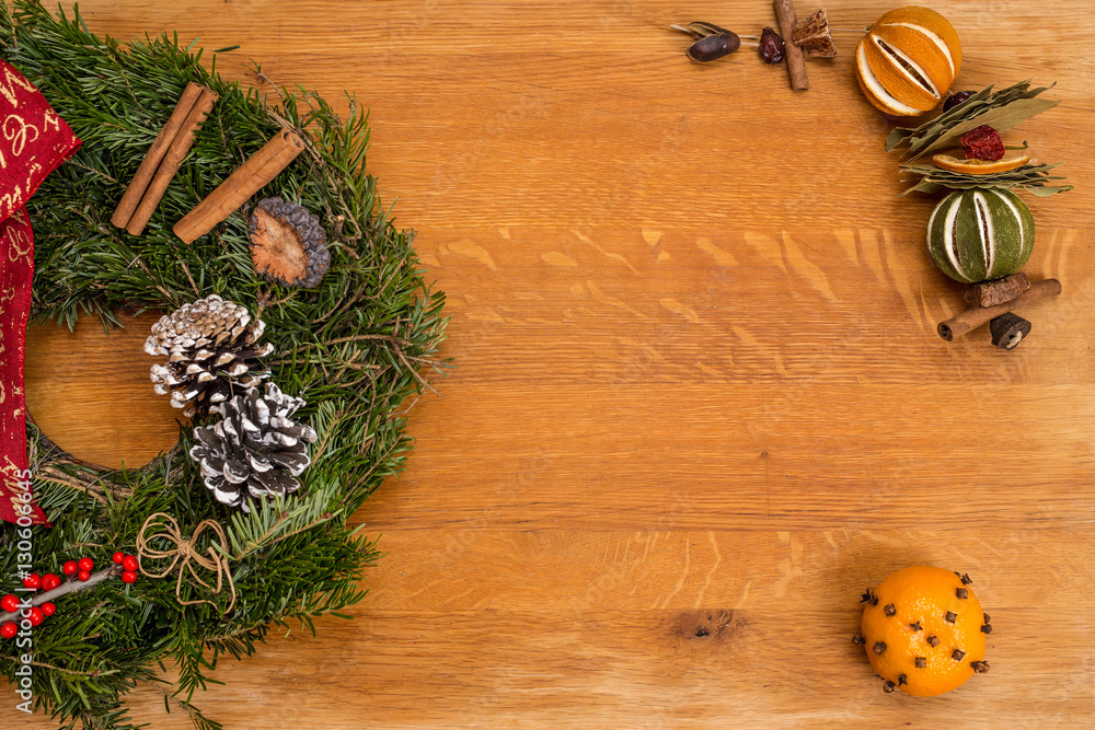 Christmas wreath and decoration on wooden background. Christmas wreath and decoration on wooden background.