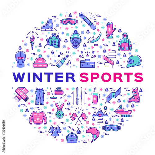 Winter sports icons. Collage of sports symbols in a circle. Trendy infographics for a sporting event, contest, sport shop, sale tag, marketing. Colorful thin line icons set, Vector illustration