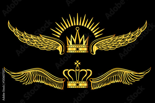 Set of golden winged crowns logos black background