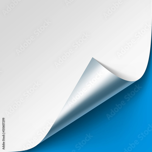 Vector Curled Metalic Silver Corner of White Paper with Shadow Mock up Close up Isolated on Blue Background