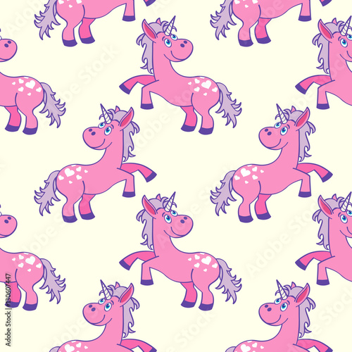 Pastel colored hand drawn unicorns seamless pattern