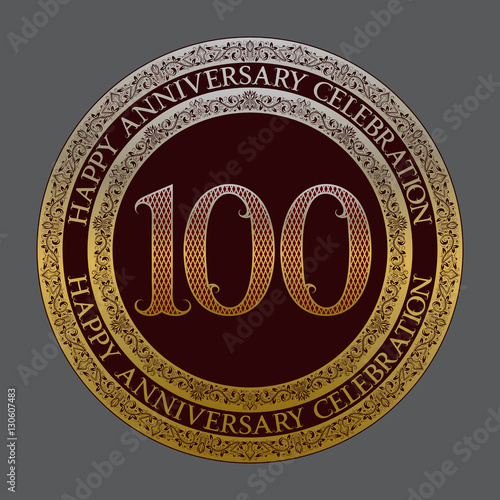 Hundredth happy anniversary celebration logo symbol. Golden maroon medal emblem in vintage style.