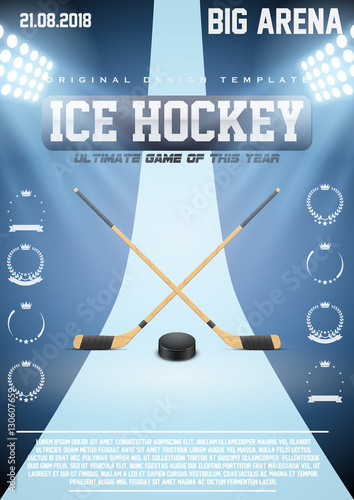 Poster Template Ice Hockey Games with sticks and puck. Cup and Tournament Advertising. Sport Event Announcement. Vector Illustration.