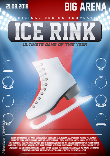 Poster Template Ice Poster Template of Ice Skating Rink with ice skate boots. Weekend Recreation Advertising and Announcement. Vector Illustration.