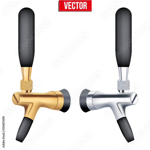 Classic Beer tap gold and silver color. Draft Beer Equipment. side view. Vector Illustration Isolated on background.