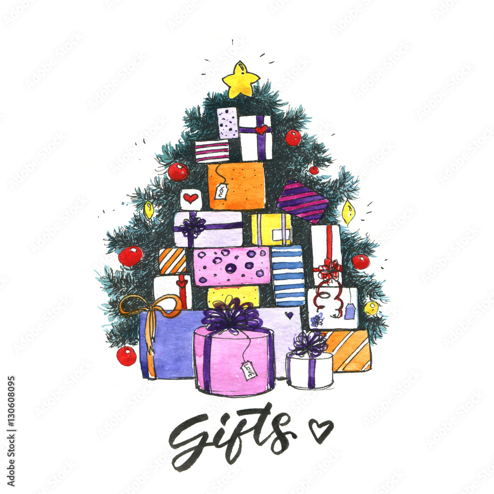 Naklejka premium Christmas tree with gifts. Hand drawn watercolor illustration 