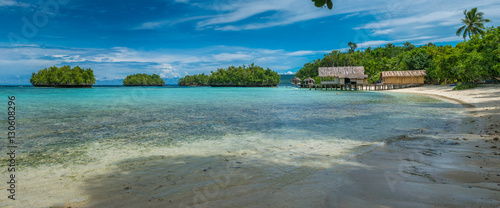 Beautiful Blue Lagoone with some Bamboo Huts, Kordiris Homestay, Palmtree in Front, Gam Island, West Papuan, Raja Ampat, Indonesia photo