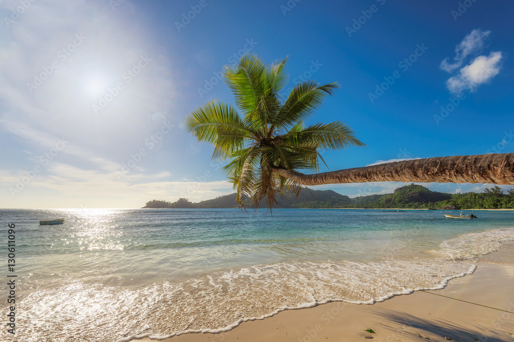 Beach at sunset time on Mahe island in Seychelles