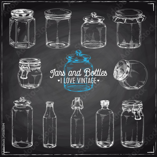 Vector hand drawn Illustration with jars and bottles.