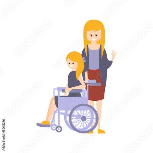 Physically Handicapped Person Living Full Happy Life With Disability Illustration With Smiling Girl In Wheelchair And Her Mother