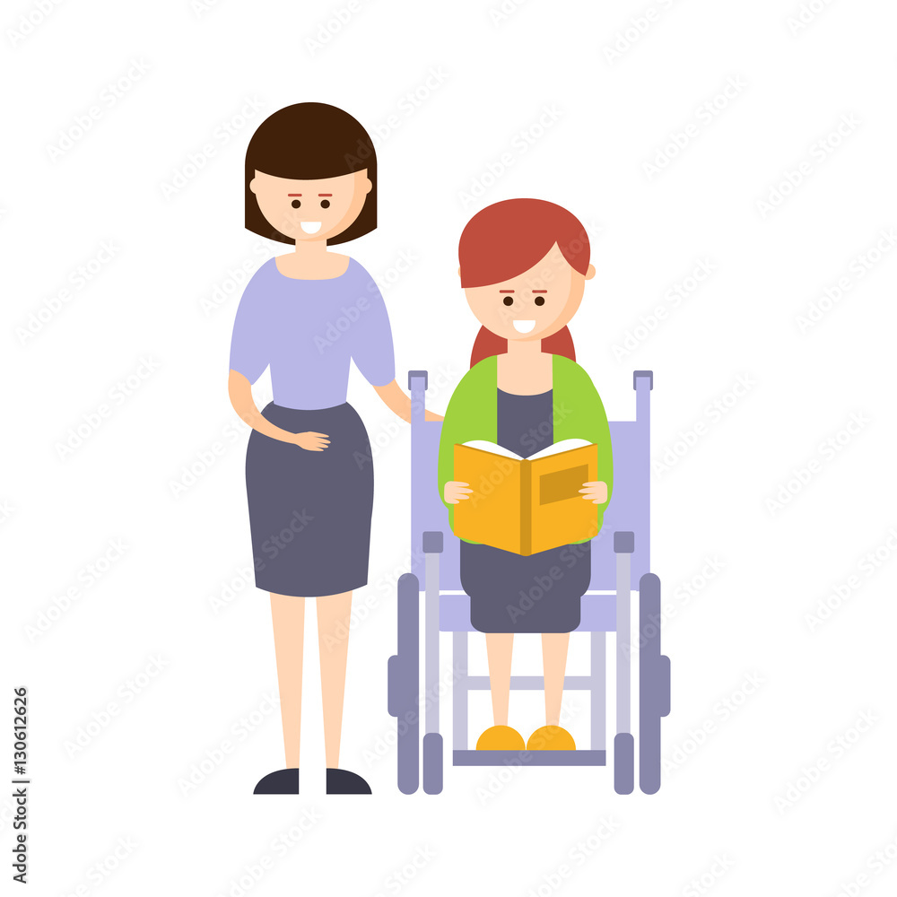 Naklejka premium Physically Handicapped Person Living Full Happy Life With Disability Illustration With Smiling Girl In Wheelchair Reading Book