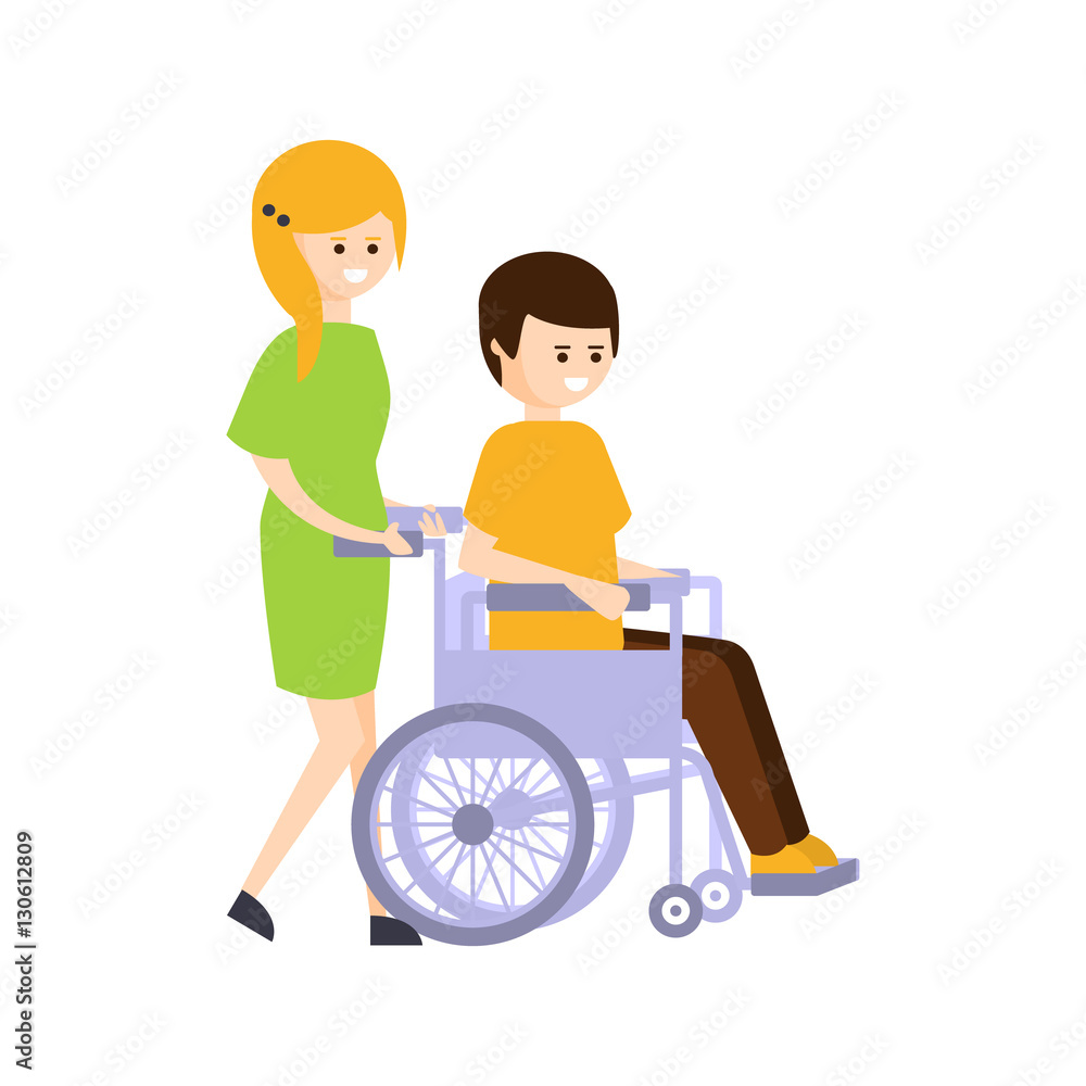 Physically Handicapped Person Living Full Happy Life With Disability Illustration With Smiling Girl Rolling A Guy In Wheelchair Physically Handicapped Person Living Full Happy Life With Disability Illustration With Smiling Girl Rolling A Guy In Wheelchair
