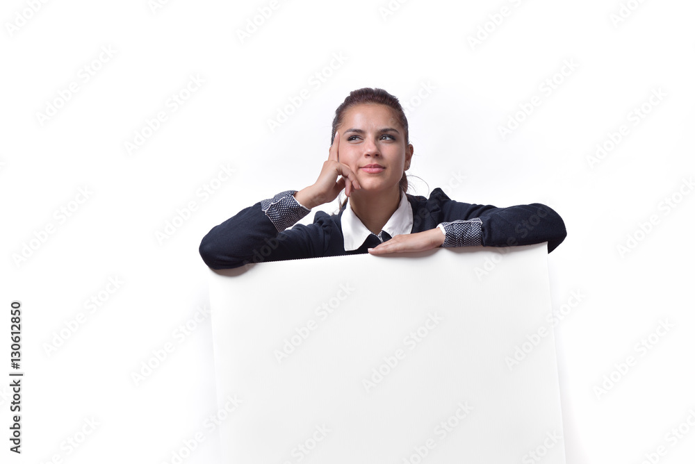 Woman thinking with blank empty paper billboard with copy space for text isolated on white Woman thinking with blank empty paper billboard with copy space for text isolated on white