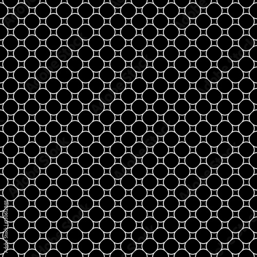 Vector monochrome seamless pattern, simple white geometric figures on black background, circles & rhombuses. Illustration of mesh, lattice. Abstract endless texture. Design for prints, textile, decor