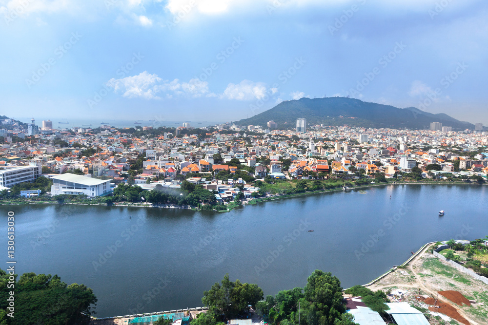 Panorama of port city in tropics