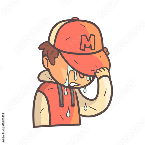 Crying Covering Face Boy In Cap And College Jacket Hand Drawn Emoji Cool Outlined Portrait