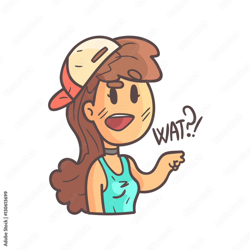 Confused Girl In Cap, Choker And Blue Top Hand Drawn Emoji Cool Outlined Portrait