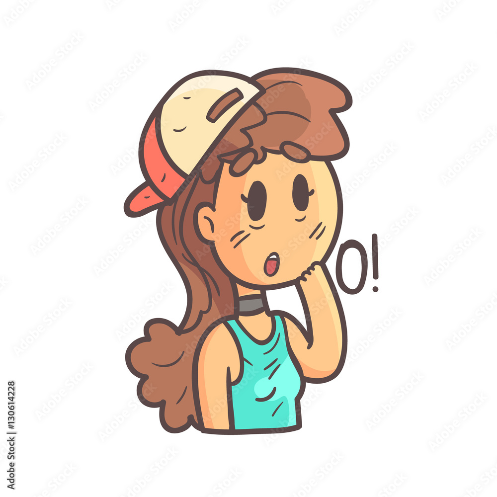 Impressed Girl In Cap, Choker And Blue Top Hand Drawn Emoji Cool Outlined Portrait Impressed Girl In Cap, Choker And Blue Top Hand Drawn Emoji Cool Outlined Portrait