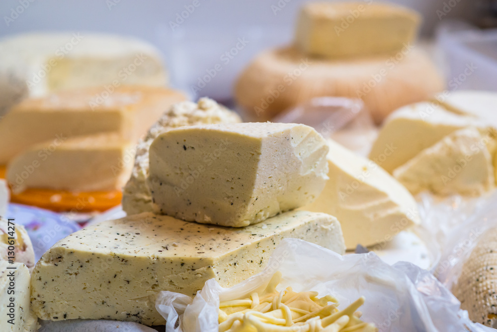 pieces of delicious white cheese with spices