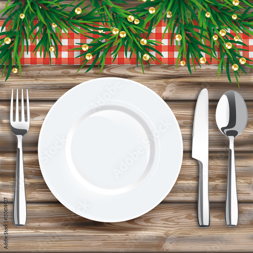 Worn Wood Red Checked Cloth Knife Fork Spoon Plate Twigs