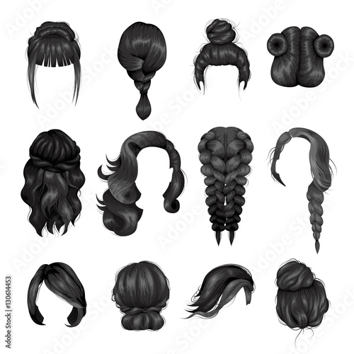 Women Wigs Hairstyle Back Icons Set