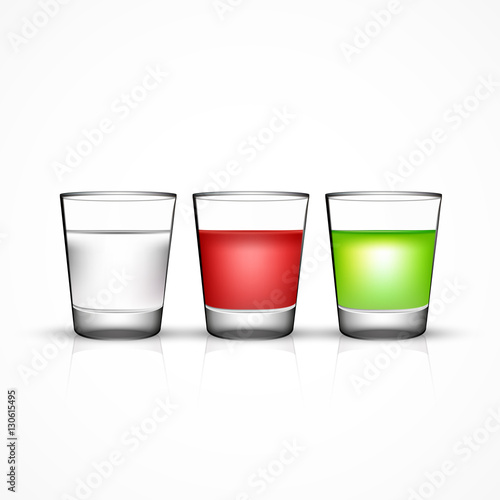 Vector shot glass set with water or vodka and colored cocktails, isolated on white