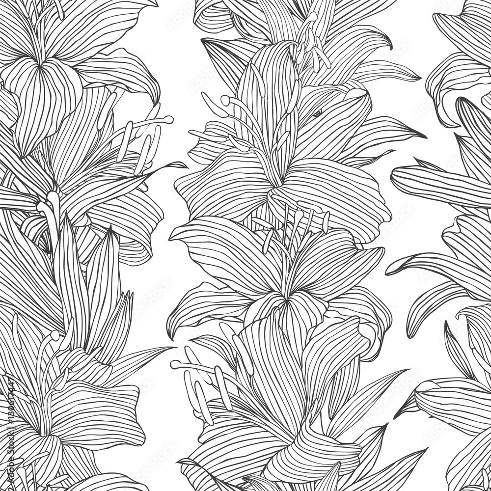 Seamless floral pattern. Linear royal lilies flowers. Seamless floral pattern. Linear royal lilies flowers.