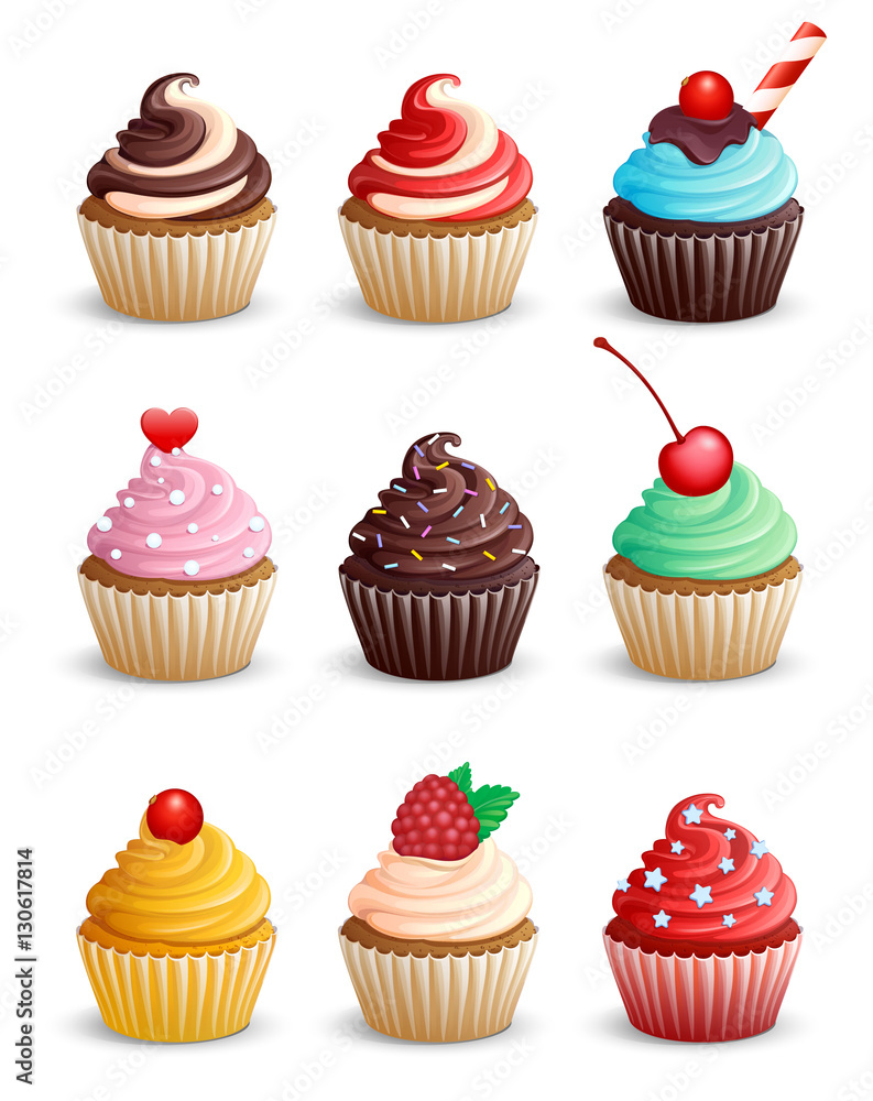 Set cupcakes on a white background. Isolated. Sweet pastries decorated with cherry, raspberries, heart, candy, mint, chocolate and cowberry. Vector illustration. 3D. Set cupcakes on a white background. Isolated. Sweet pastries decorated with cherry, raspberries, heart, candy, mint, chocolate and cowberry. Vector illustration. 3D.
