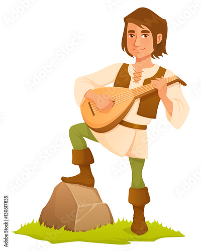 cartoon illustration of a handsome medieval bard with lute photo