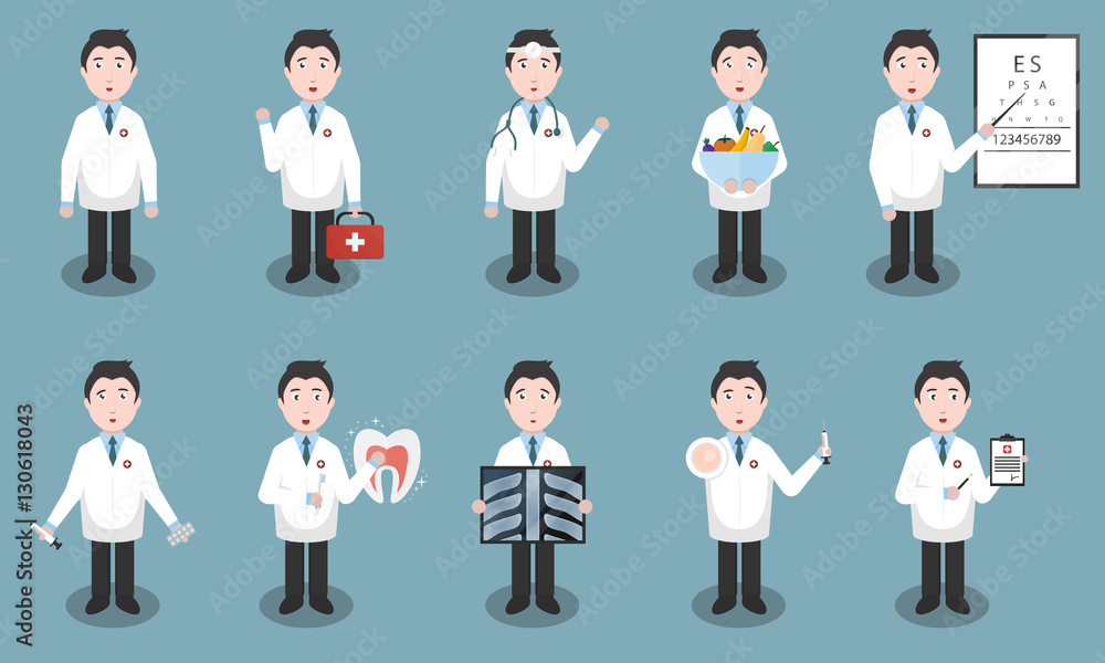 Set of vector cartoon doctor character in different situations and specialty. Concept of medical science and healthcare.