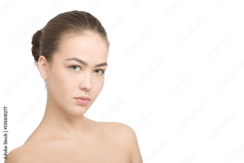 serious girl with a natural beauty makeup look isolated over a white background with copyspace serious girl with a natural beauty makeup look isolated over a white background with copyspace