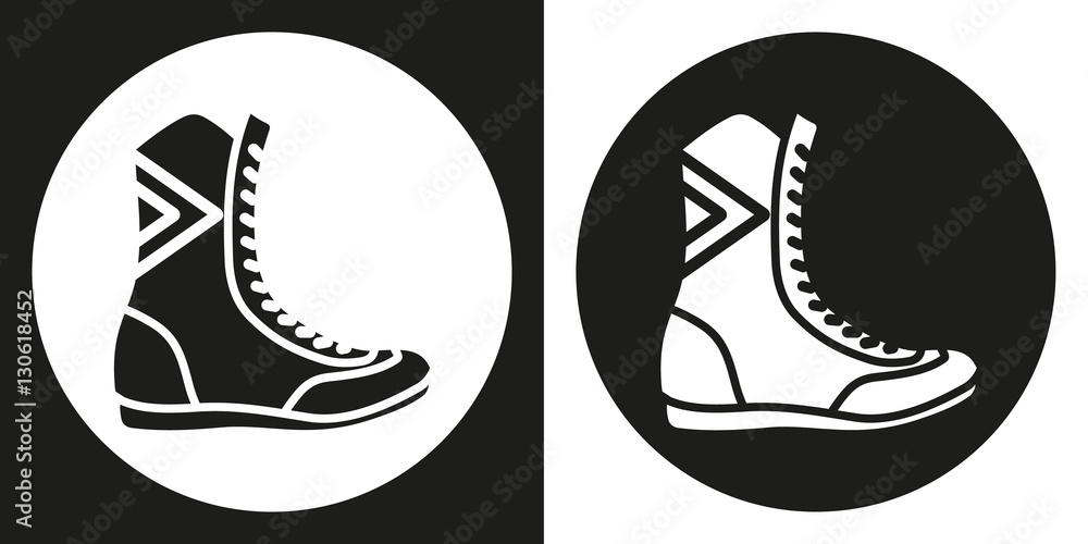 Boxing boots icon. Silhouette boxing shoes on a black and white