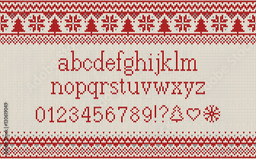 Christmas font. Knitted latin alphabet on seamless knitted pattern with snowflakes and fir. Nordic fair isle knitting, winter holiday sweater design. Vector Illustration.