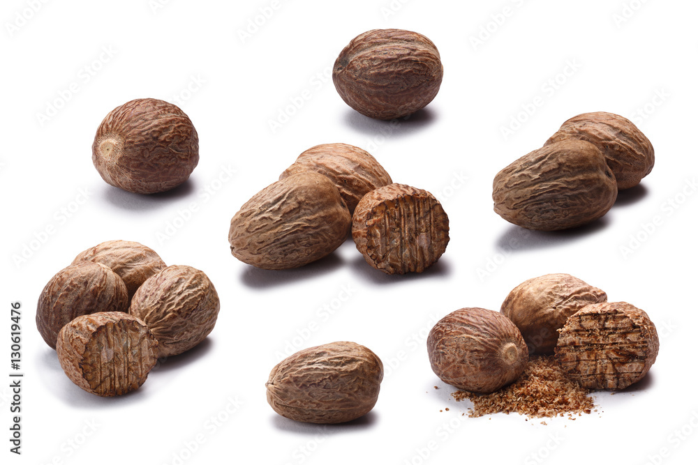 Set of whole and ground nutmegs, paths Set of whole and ground nutmegs, paths