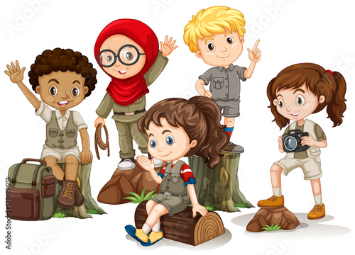 Kids in camping outfit standing on woods