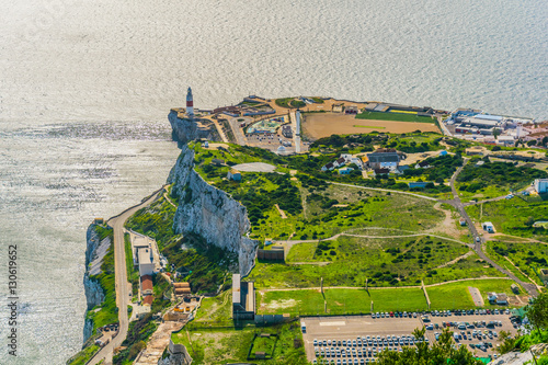 View of end of gibraltar with a lighthouse and a mosque