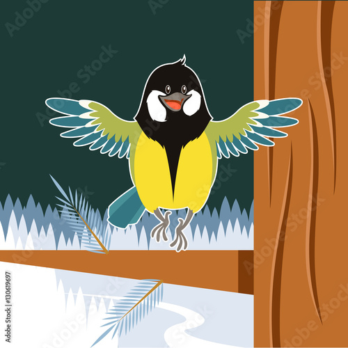 Happy Titmouse on the Tree winter flat background