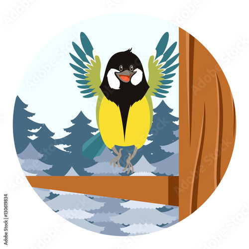 Happy Titmouse on the Tree winter flat background