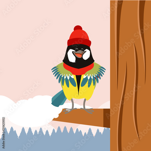Happy Titmouse with Hat on the Tree winter flat background
