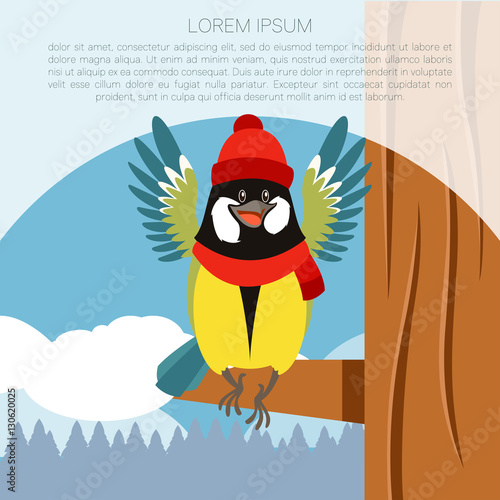 Happy Titmouse with Hat on the Tree winter flat background