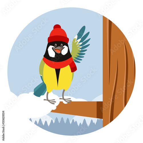 Happy Titmouse with Hat on the Tree winter flat background