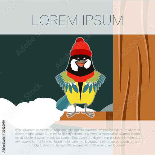 Happy Titmouse with Hat on the Tree winter flat background